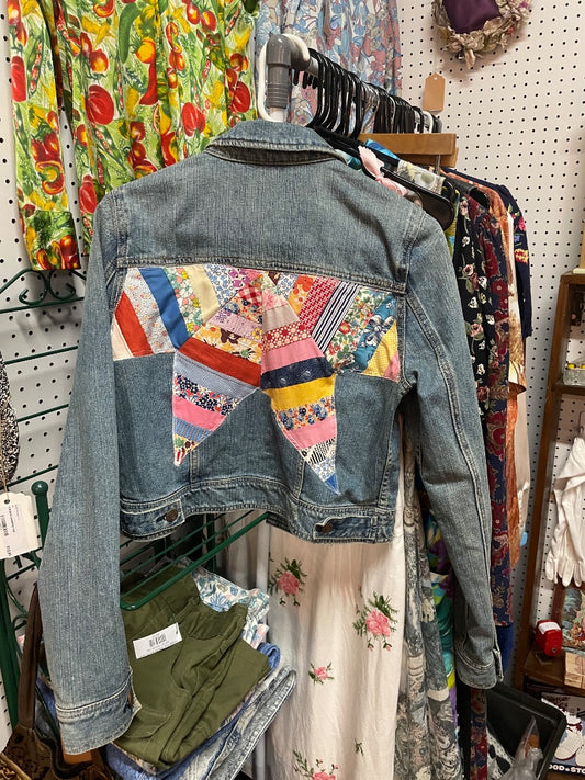 Upcycled jean jacket with antique feedsack quilt applique, size M