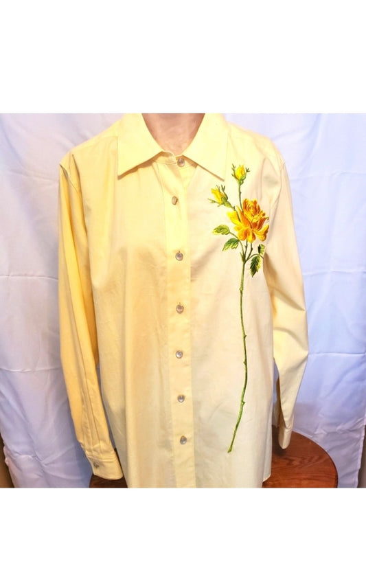 Bob Mackie wearable art yellow rose shirt, L