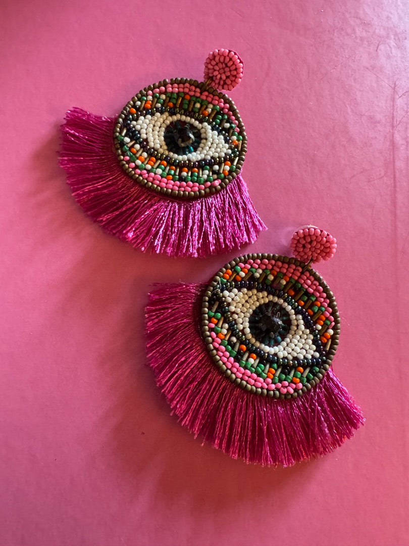 Pink large evil eye beaded stud earrings