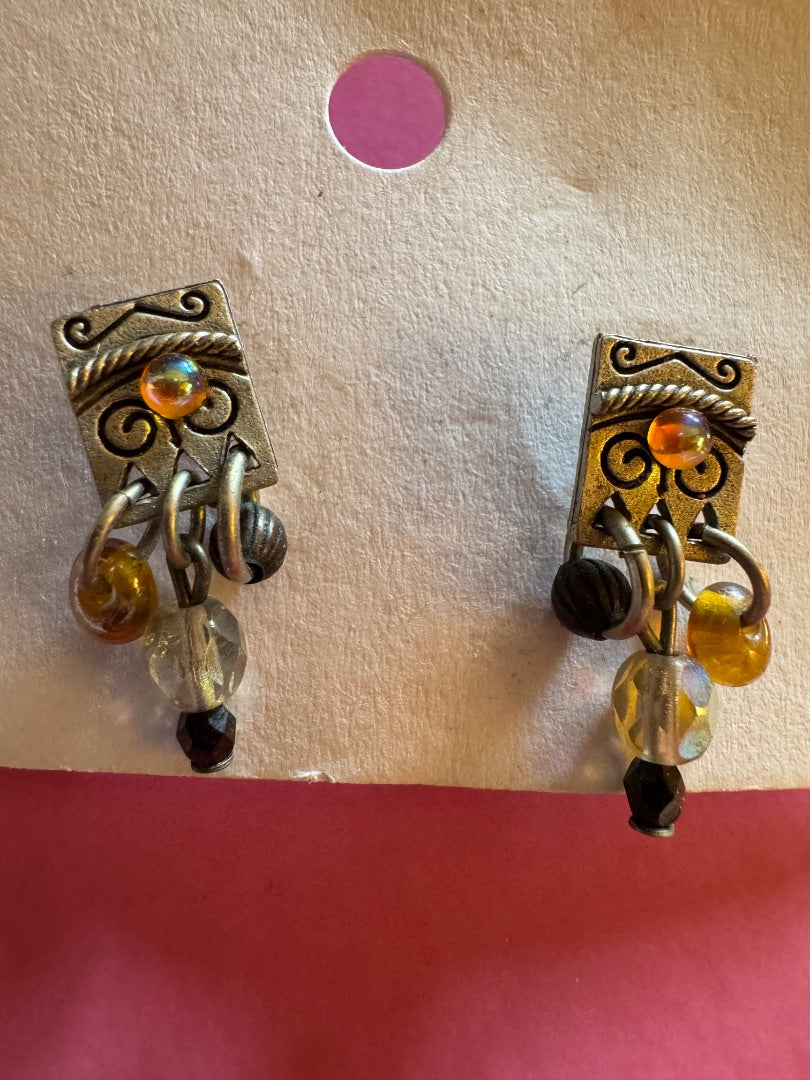 Stamped silvertone bead stud earrings