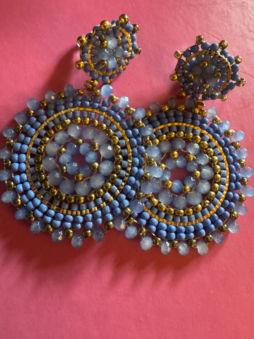 Blue beaded circle stud earrings
