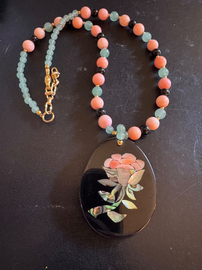 Lee Sands Mother of Pearl rose inlay necklace