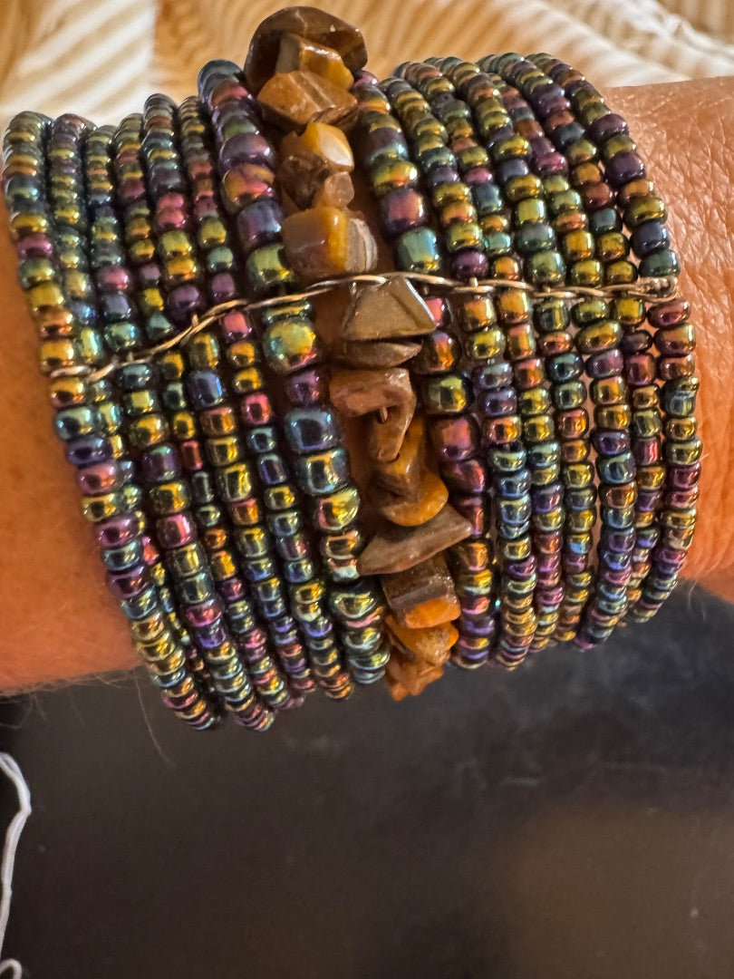 Multi color seed bead tigers eye cuff bracelet