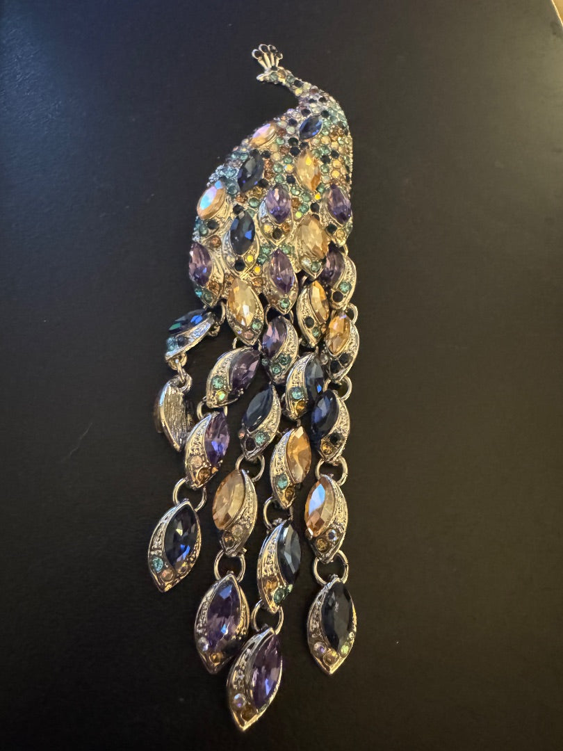 Large Peacock pendant/brooch dangle feather tail