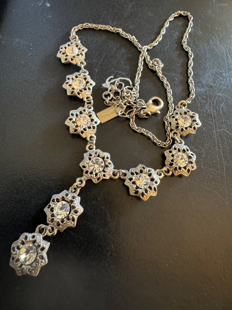 1928 silver tone flower drop necklace