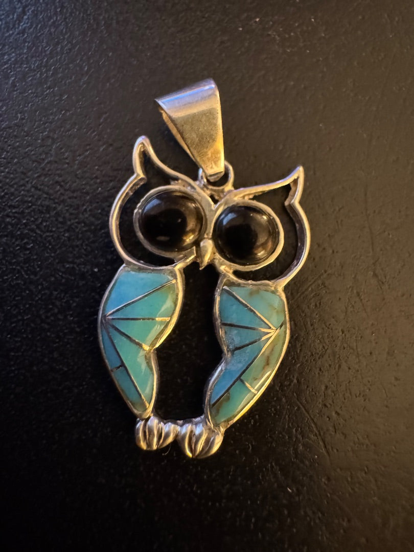 Owl inlay sterling pendant