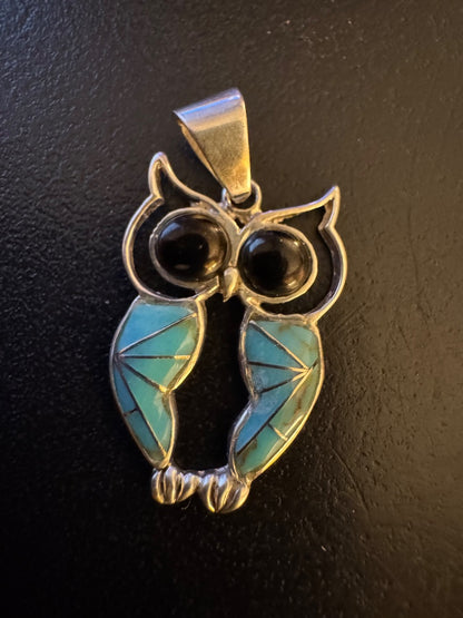 Owl inlay sterling pendant