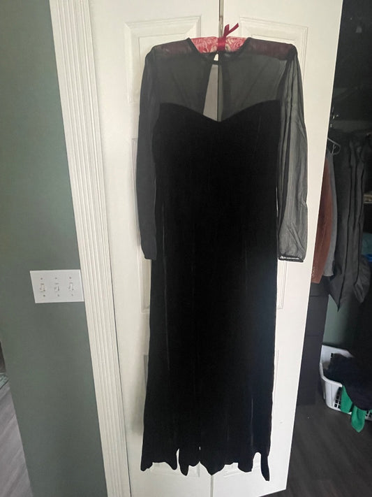 Long black velvet dress with illusion neckline, M/L