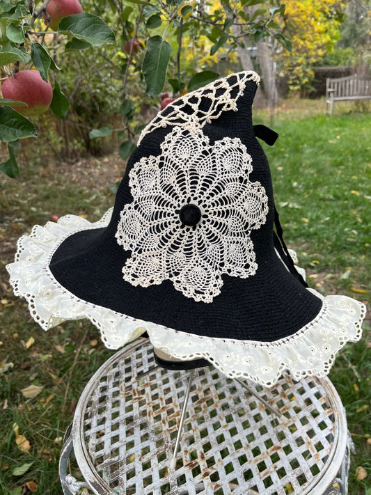 Black and Cream Sewn Alchemy Witch Hat, One Size