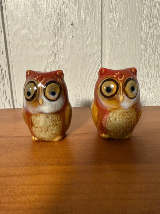 Brown  Vintage Owl Salt and Pepper Shakers, 3” tall, 2 1/4” wide