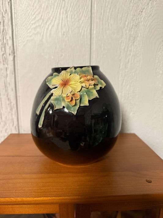 Brown  Vintage Barbotine Floral Vase, 6 1/4” tall, 5 1/2” wide