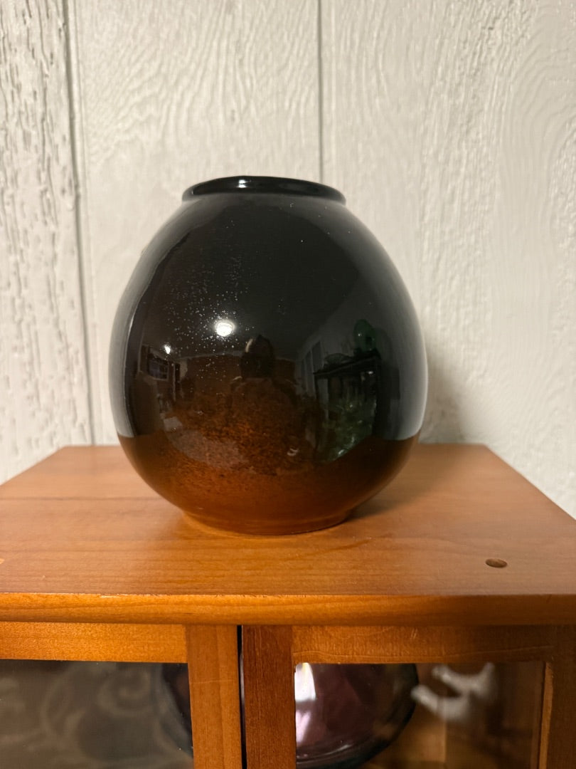 Brown  Vintage Barbotine Floral Vase, 6 1/4” tall, 5 1/2” wide