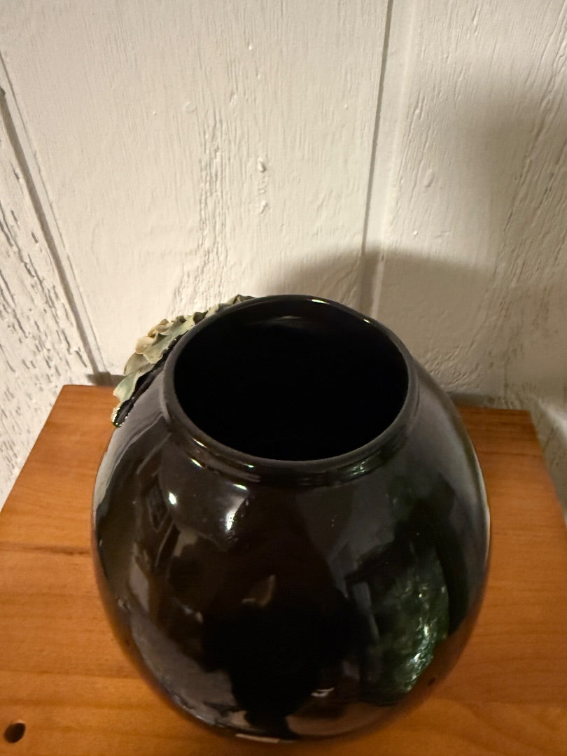 Brown  Vintage Barbotine Floral Vase, 6 1/4” tall, 5 1/2” wide