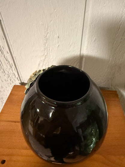 Brown  Vintage Barbotine Floral Vase, 6 1/4” tall, 5 1/2” wide