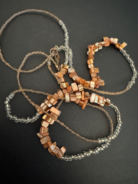 Peach Abalone? seed bead long necklace