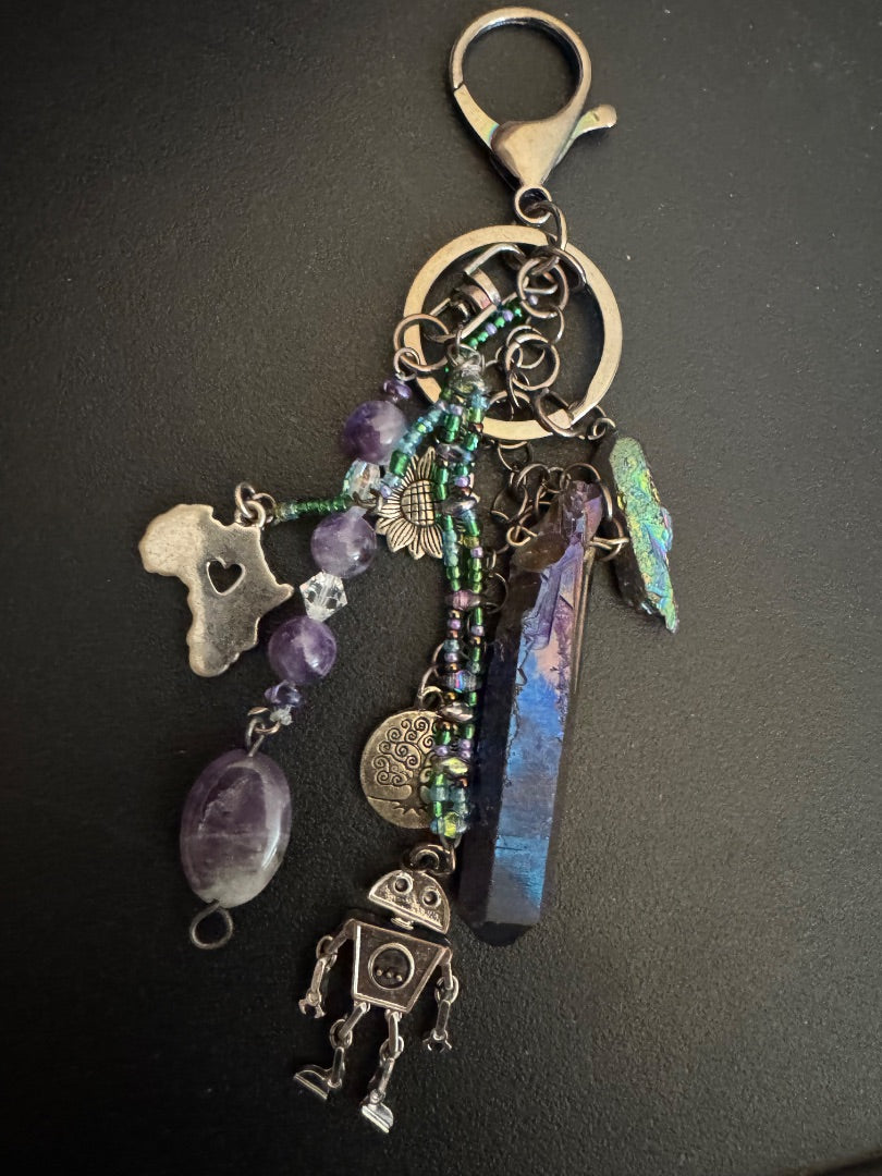 Handmade beaded keychain with charms & iridescent aura quartz crystal