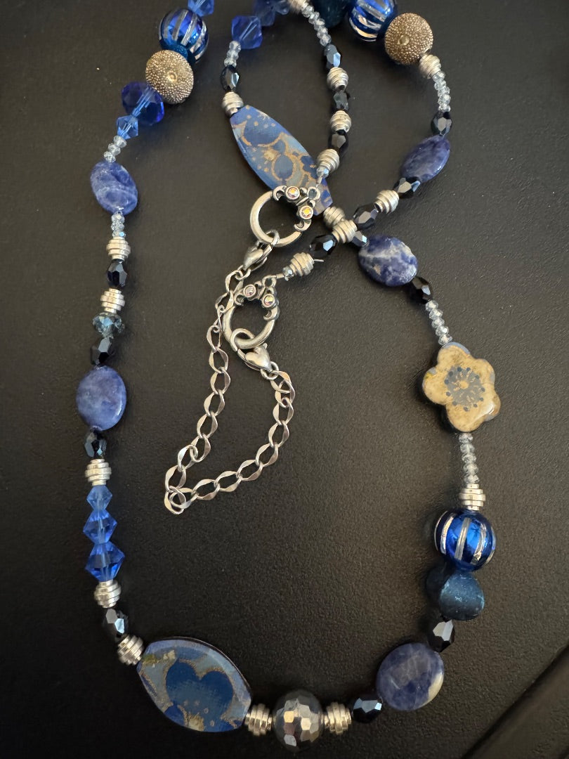 Blue mixed oval and round bead long necklace