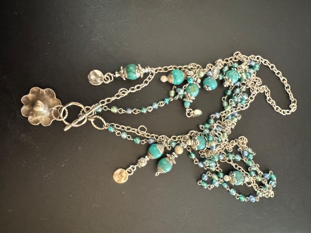 Multi strand silver tone blue, flower connector necklace