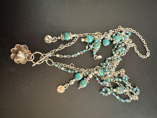 Multi strand silver tone blue, flower connector necklace
