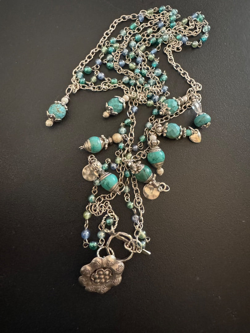 Multi strand silver tone blue, flower connector necklace