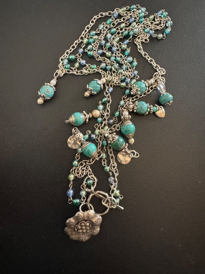 Multi strand silver tone blue, flower connector necklace