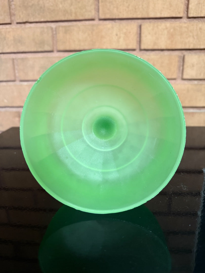 Green  Uranium Glass, Frosted Compote, 6 1/4” tall, about 5” wide