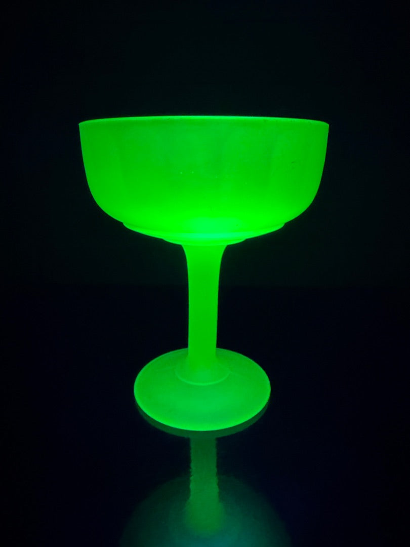 Green  Uranium Glass, Frosted Compote, 6 1/4” tall, about 5” wide