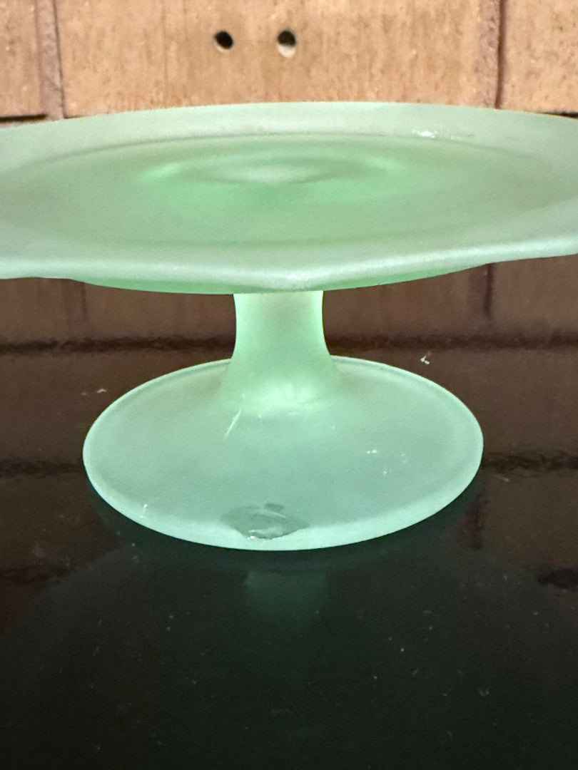 Green  Frosted Uranium Glass Small Pedestal Plate, 2 1/4” tall, 5 1/2”  across