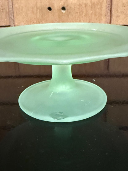 Green  Frosted Uranium Glass Small Pedestal Plate, 2 1/4” tall, 5 1/2”  across