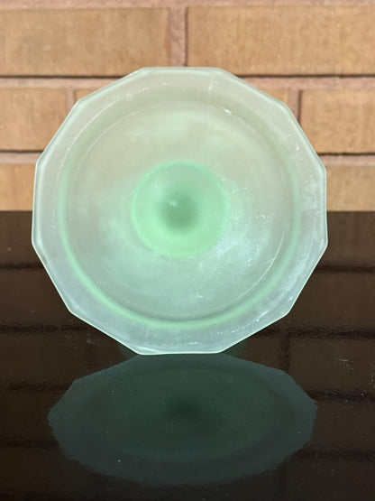 Green  Frosted Uranium Glass Small Pedestal Plate, 2 1/4” tall, 5 1/2”  across