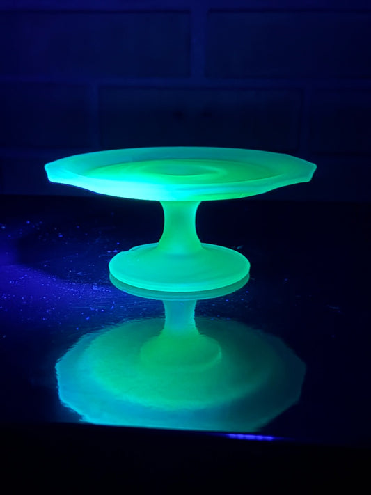 Green  Frosted Uranium Glass Small Pedestal Plate, 2 1/4” tall, 5 1/2”  across