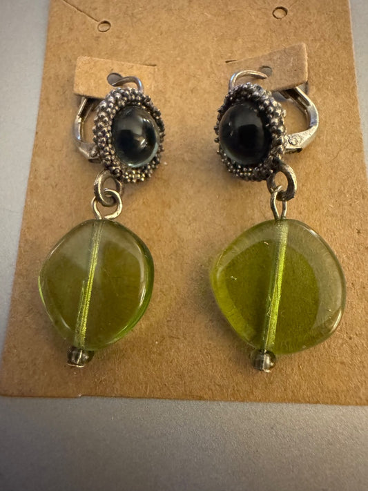 Blue and green silver tone dangle earrings