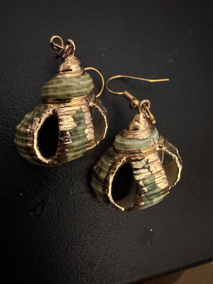 Green seashell trimmed in goldtone dangle earrings