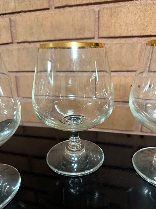 Clear with gold  Set of 4 Gold Rimmed Brandy Snifters, 5 1/2 tall, 3 1/2 wide