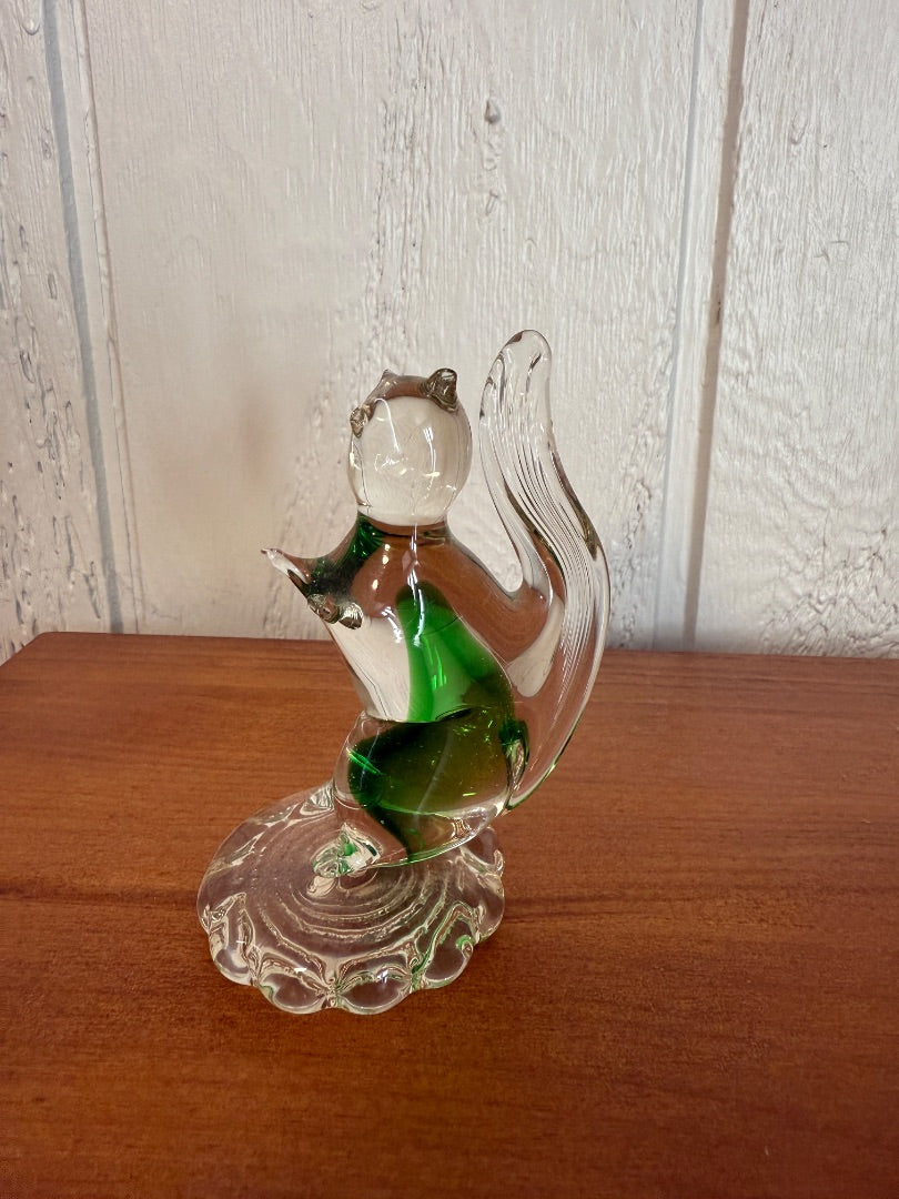 Clear and green  Art Glass Squirrel, About 4” tall, almost 3” across