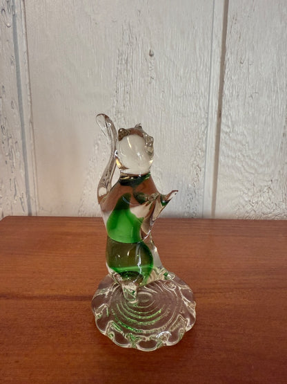 Clear and green  Art Glass Squirrel, About 4” tall, almost 3” across