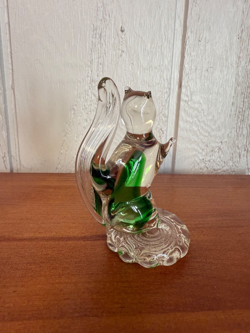 Clear and green  Art Glass Squirrel, About 4” tall, almost 3” across