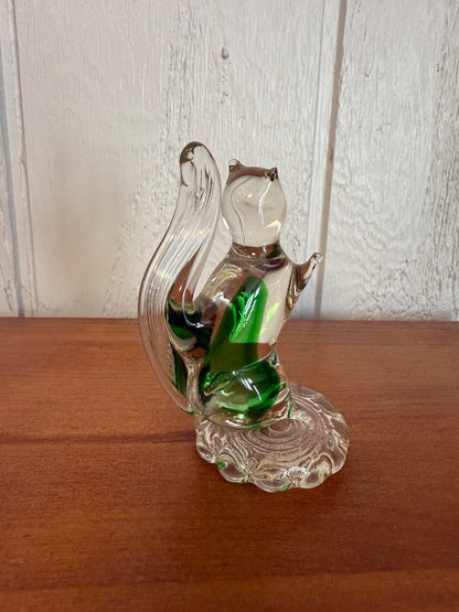 Clear and green  Art Glass Squirrel, About 4” tall, almost 3” across
