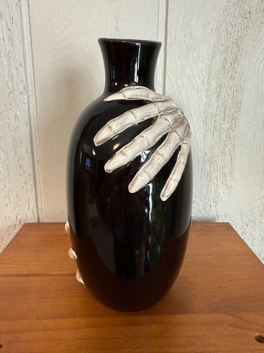 Black Ashland Black Vase with Skeleton Hands, 9” tall, 4 1/2” wide