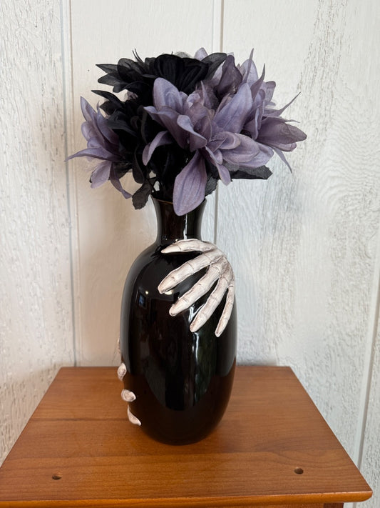 Black Ashland Black Vase with Skeleton Hands, 9” tall, 4 1/2” wide