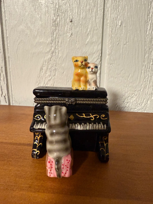Black  3 Cats on Piano Trinket Box, 4” tall, 3” wide