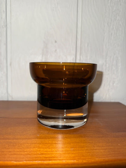 Amber/brown Krosno Candle Holder, 3 1/2” tall, 4” across the top, 3” across the base