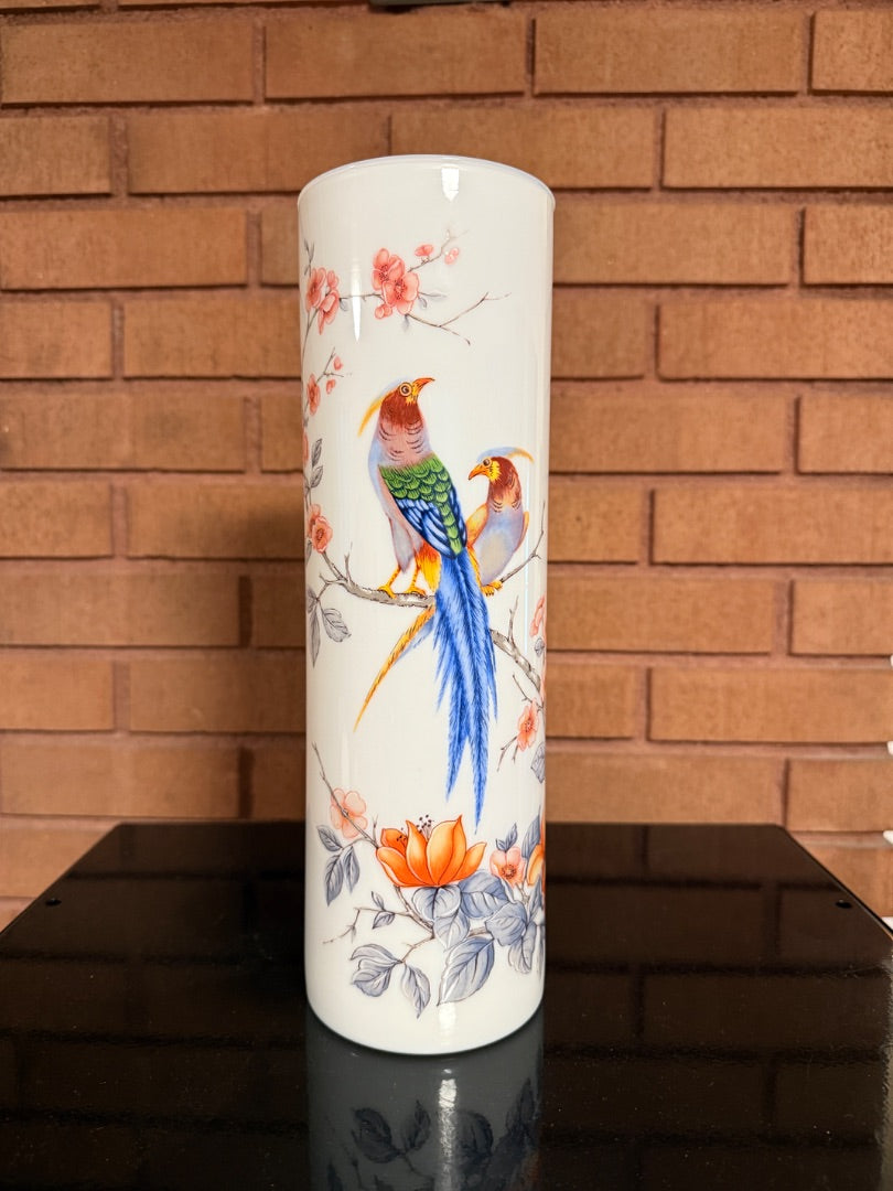White  Vintage Hand Painted Love Birds Glass Vase, 12 1/2” tall, 4” wide