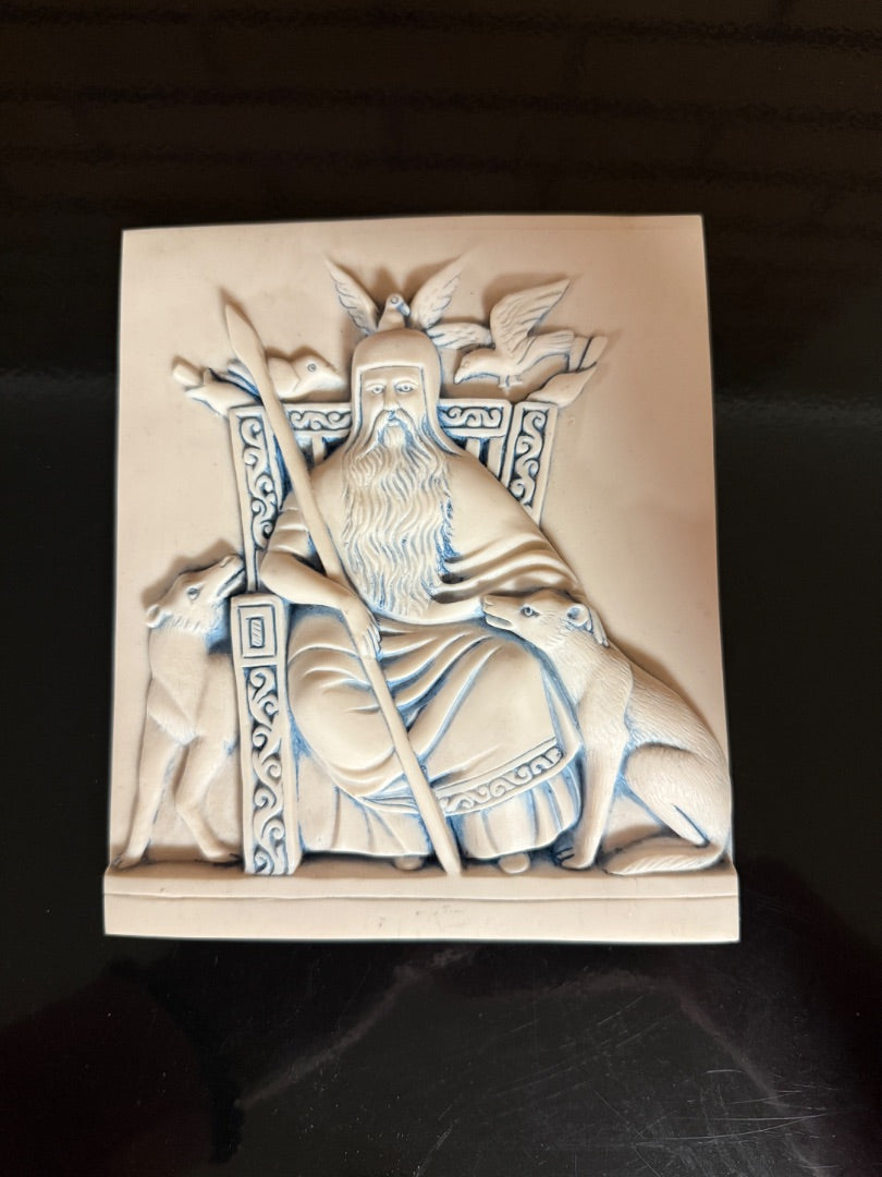 Cream and blue JBL Odin with Hounds and Ravens Plaque, 6 1/4 by 5 1/4