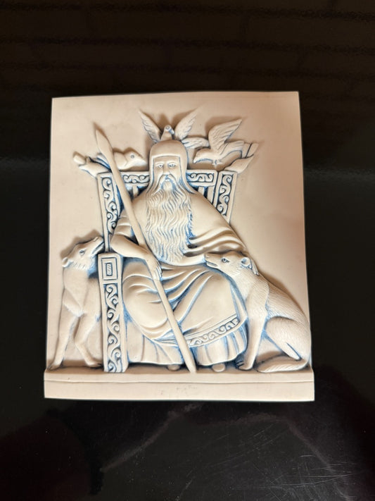 Cream and blue JBL Odin with Hounds and Ravens Plaque, 6 1/4 by 5 1/4