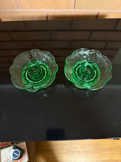 Green Fostoria 2 Green glass Candle Holders, 1 1/2”tall, 4 1/4” across