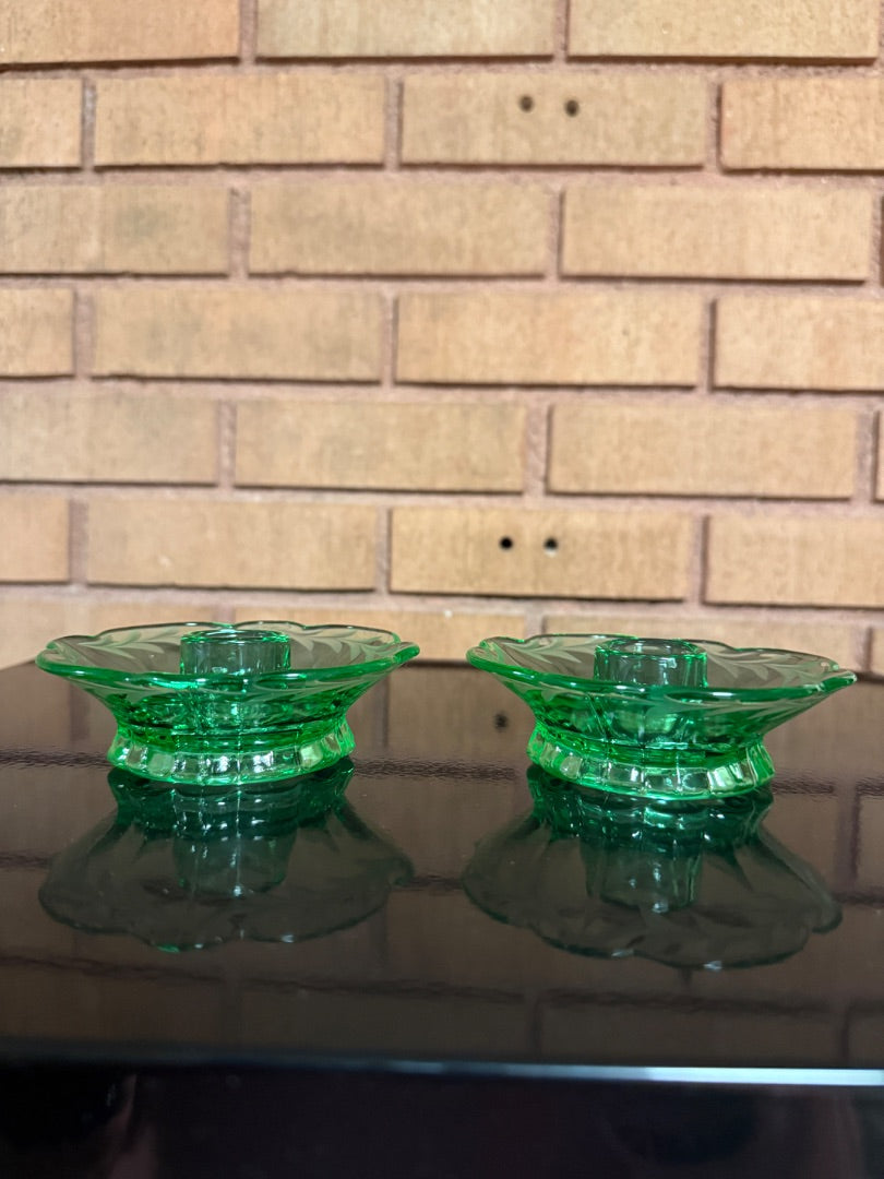 Green Fostoria 2 Green glass Candle Holders, 1 1/2”tall, 4 1/4” across