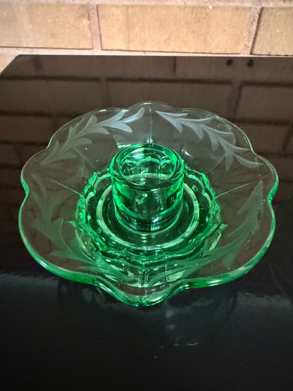 Green Fostoria 2 Green glass Candle Holders, 1 1/2”tall, 4 1/4” across