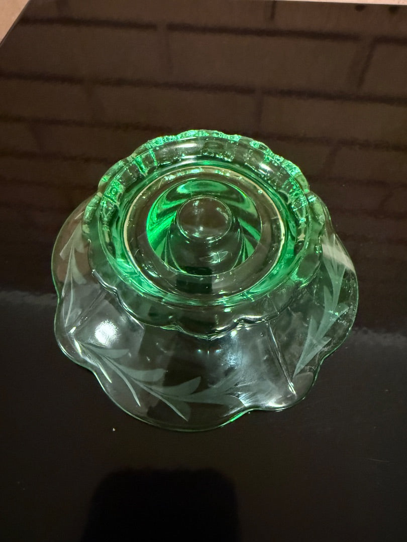 Green Fostoria 2 Green glass Candle Holders, 1 1/2”tall, 4 1/4” across
