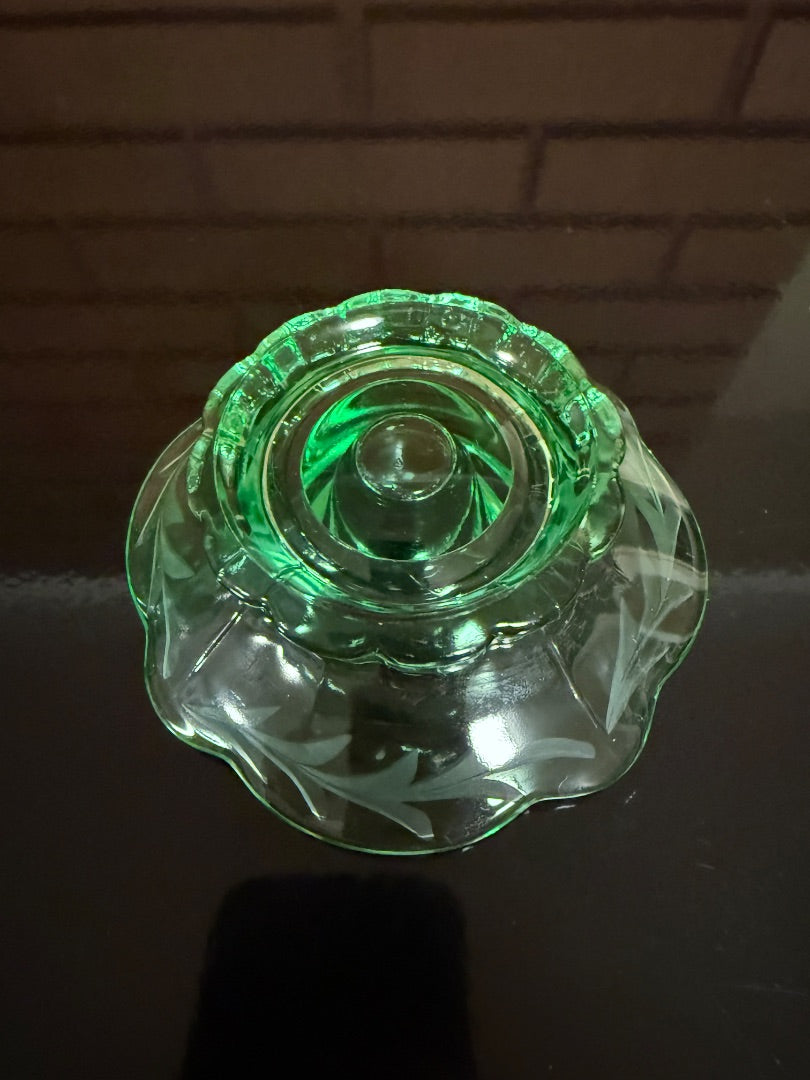 Green Fostoria 2 Green glass Candle Holders, 1 1/2”tall, 4 1/4” across